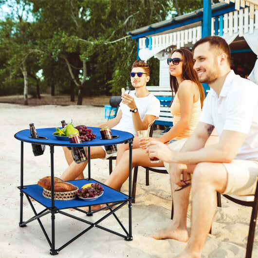 2-Tier Portable Picnic Table with Carrying Bag and 4 Cup Holders-Blue - Color: Blue