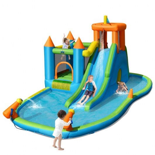 Inflatable Water Slide with Bounce House and Splash Pool without Blower for Kids - Color: Blue