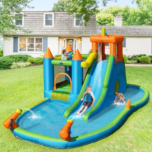 Inflatable Water Slide with Bounce House and Splash Pool without Blower for Kids - Color: Blue