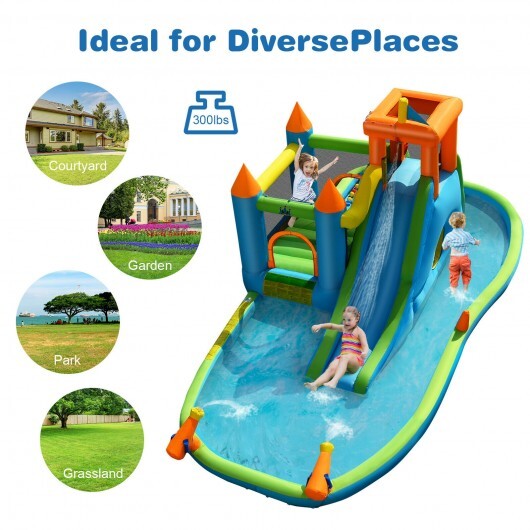 Inflatable Water Slide with Bounce House and Splash Pool without Blower for Kids - Color: Blue