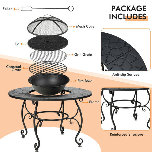 35.5 Feet Patio Fire Pit Dining Table With Cooking BBQ Grate - Color: Black