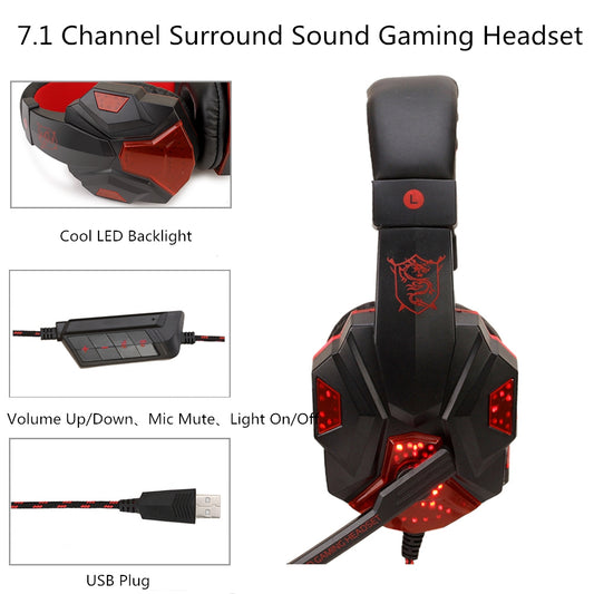 Gaming Headphone USB5.1 stereo game light headset Folding Headset for Gamer Black red