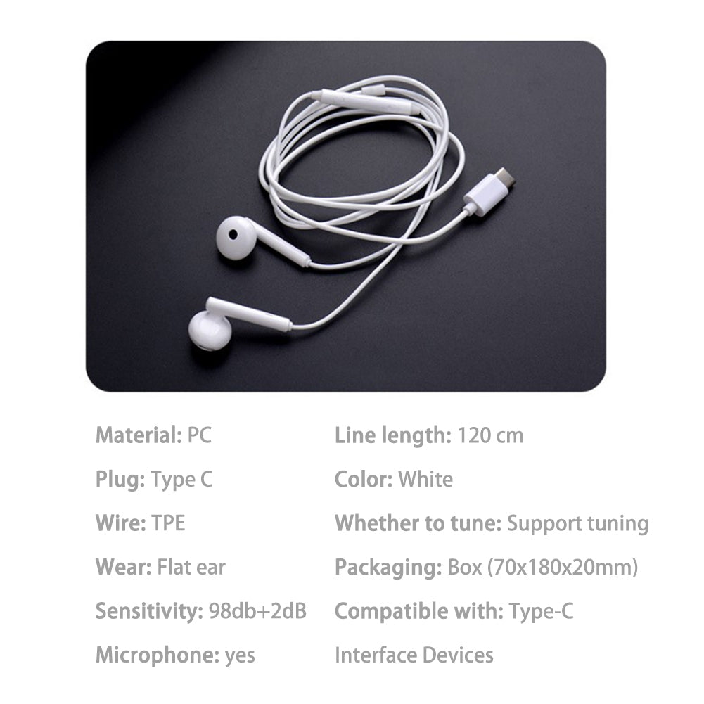 Semi-in-ear Wired Headset Type-c Interface Copper Ring Speaker with Microphone for Huawei White