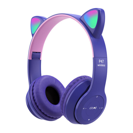 P47m Bluetooth 5.0 Headphones Big Cat Ear Wire-controlled Gaming Headset Hifi Sports Earphones Purple