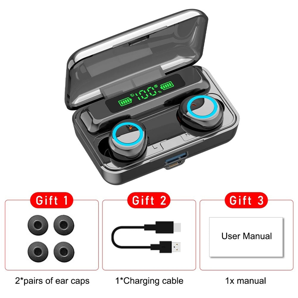 F9-3 Wireless Earbuds Waterproof Noise Canceling Earphones In-Ear Stereo Headphones With Charging Case For Sports Gaming black silver circle