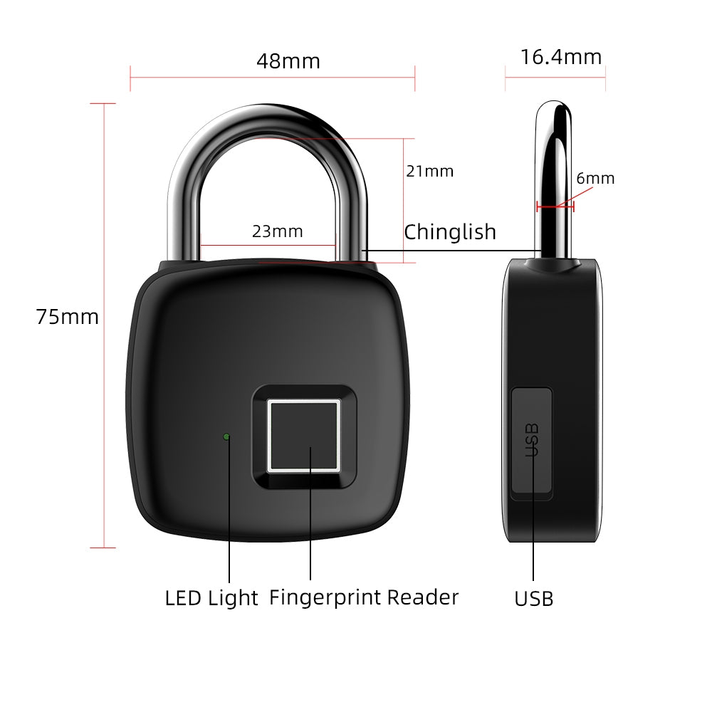 P30 Fingerprint Padlock Smart Keyless One Touch Open Biometric Lock Portable USB Rechargeable Locker Lock Black