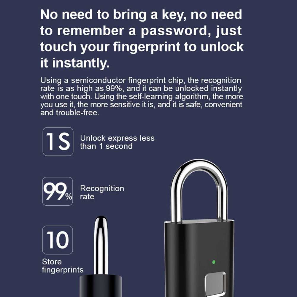 Tsa P16 Fingerprint Padlock Biometric Metal Keyless Thumbprint Lock with USB Charging Black