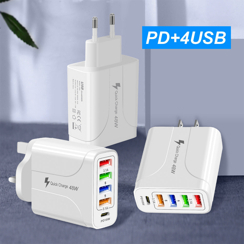 USB Charger Block Phone Charger 5 Ports 48W USB Power Adapter Smart Phone Wall Charger Block Cube Adapter White EU plug