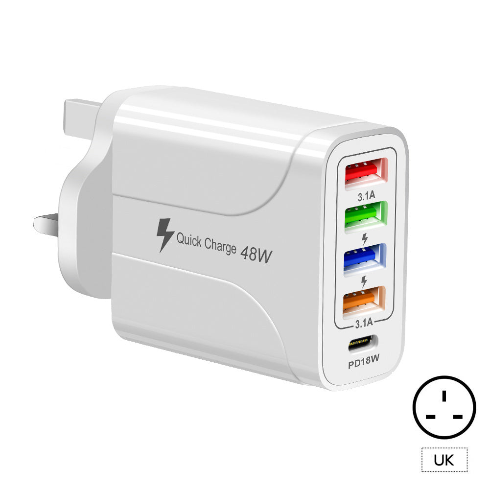 USB Charger Block Phone Charger 5 Ports 48W USB Power Adapter Smart Phone Wall Charger Block Cube Adapter White EU plug