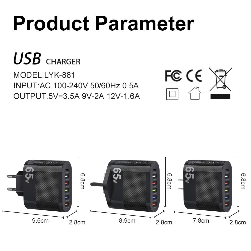 65W USB Wall Charger Block PD QC 3.0 Fast Charging Block Plug 5 USB A Ports 1 Type C Adapter For Laptops Smart Phone Tablet PC white US plug