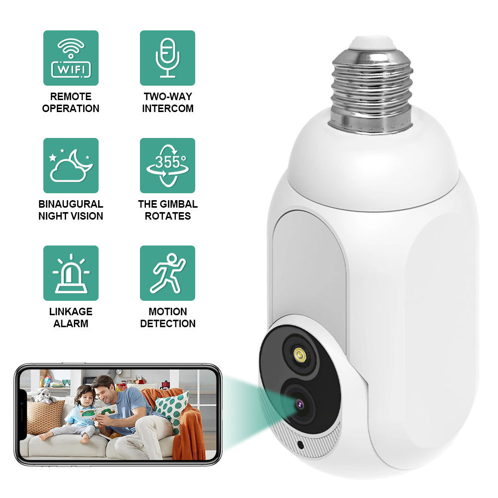 K8 Light Bulb Security Camera Rotate 360Left Right Rotate 90Up Down Light Socket Camera Night Vision White