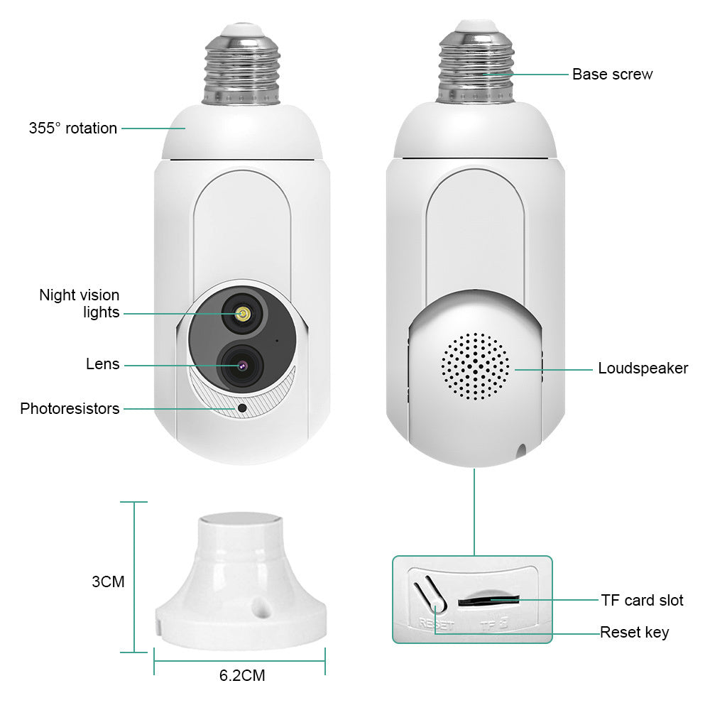 K8 Light Bulb Security Camera Rotate 360Left Right Rotate 90Up Down Light Socket Camera Night Vision White