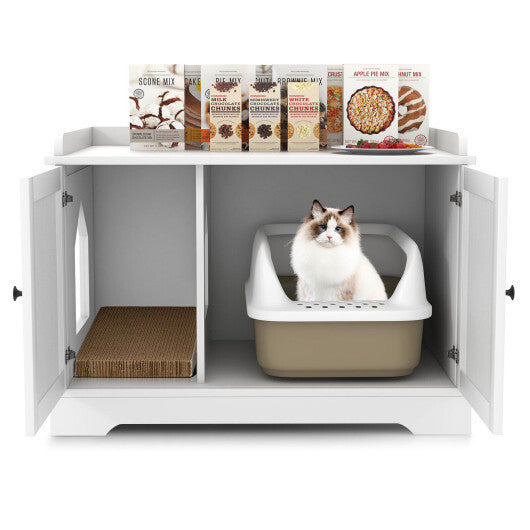 Wooden Cat House with Scratching Pad and Adjustable Divider-White