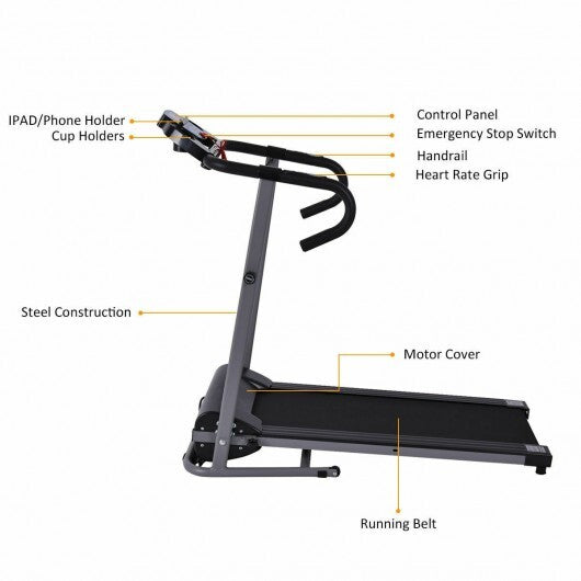 Electric Foldable Treadmill with LCD Display and Heart Rate Sensor - Color: Black - Size: 0.5-1.75 HP