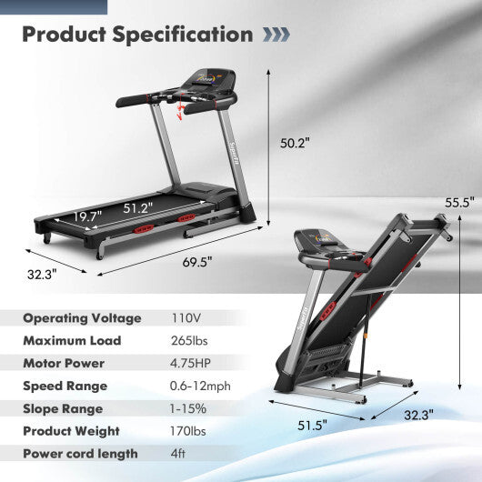 4.75 HP Folding Treadmill with Auto Incline and 20 Preset Programs-Black - Color: Black - Size: 4-4.75 HP