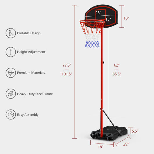 Adjustable Basketball Hoop System Stand Portable with 2 Wheels Fillable Base-Black & Red - Color: Red