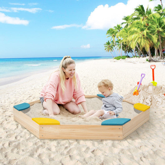 Outdoor Solid Wood Sandbox with 6 Built-in Fan-shaped Seats - Color: Multicolor