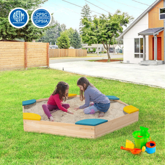 Outdoor Solid Wood Sandbox with 6 Built-in Fan-shaped Seats - Color: Multicolor