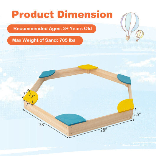 Outdoor Solid Wood Sandbox with 6 Built-in Fan-shaped Seats - Color: Multicolor