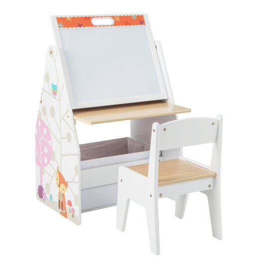 3 in 1 Kids Easel and Play Station Convertible with Chair and Storage Bins-White - Color: White