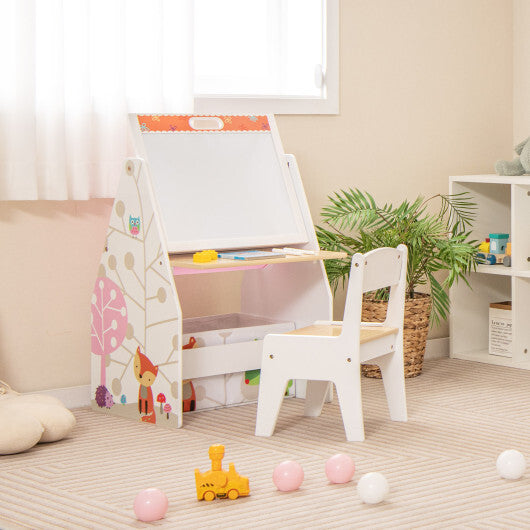 3 in 1 Kids Easel and Play Station Convertible with Chair and Storage Bins-White - Color: White