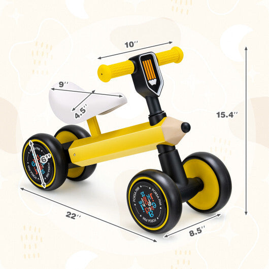 Baby Balance Bike with 4 Silent EVA Wheels and Limited Steering Wheels-Yellow - Color: Yellow