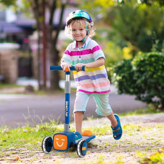 Folding Adjustable Kids Toy Scooter with LED Flashing Wheels Horn 4 Emoji Covers-Blue