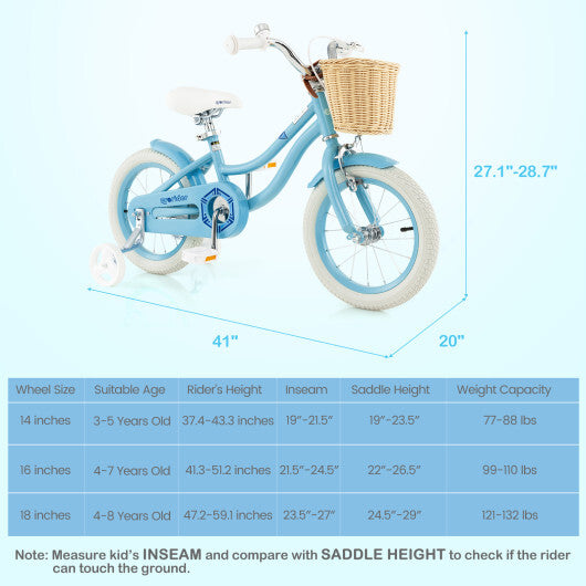 14-Inch Kids Bike with Training Wheels and Adjustable Handlebar Seat-Blue - Color: Blue