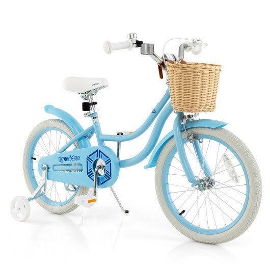 18-Inch Kids Bike with Training Wheels and Adjustable Handlebar Seat-Blue - Color: Blue