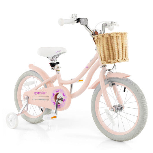 16-Inch Kids Bike with Training Wheels and Adjustable Handlebar Seat-Pink - Color: Pink - Size: 16 inches