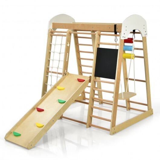 Indoor Playground Climbing Gym Wooden 8-in-1 Climber Playset for Children-Natural