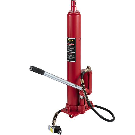 VEVOR Hydraulic/Pneumatic Long Ram Jack, 8 Tons/17363 lbs Capacity, with Single Piston Pump and Clevis Base, Manual Cherry Picker w/Handle, for Garage/Shop Cranes, Engine Lift Hoist, Red